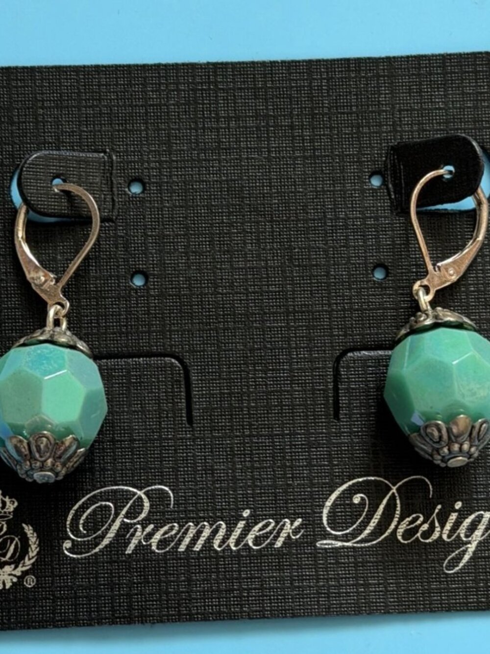 Premier Designs Drop Earrings W/ Light Blue beads W/silver-toned filigree caps